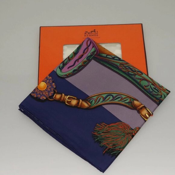 HERMES Pleated Carre 90 Scarf ""Festival"" Silk Blue Auth am8626 - Picture 15 of 15